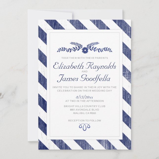 Invitaciones a bodas de franjas azules de la marin (Anverso)