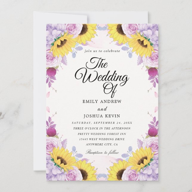 Invitaciones a bodas de girasol y morado (Anverso)