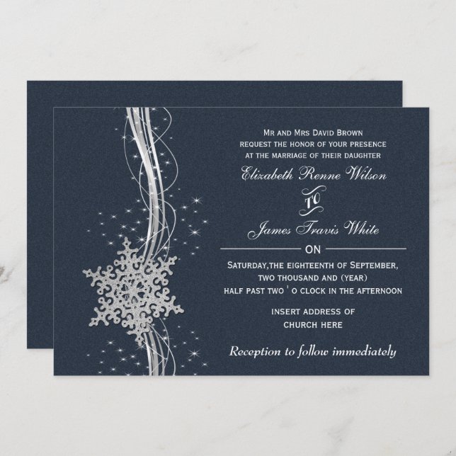 Invitaciones a bodas de invierno de Blue Silver Sn (Anverso / Reverso)