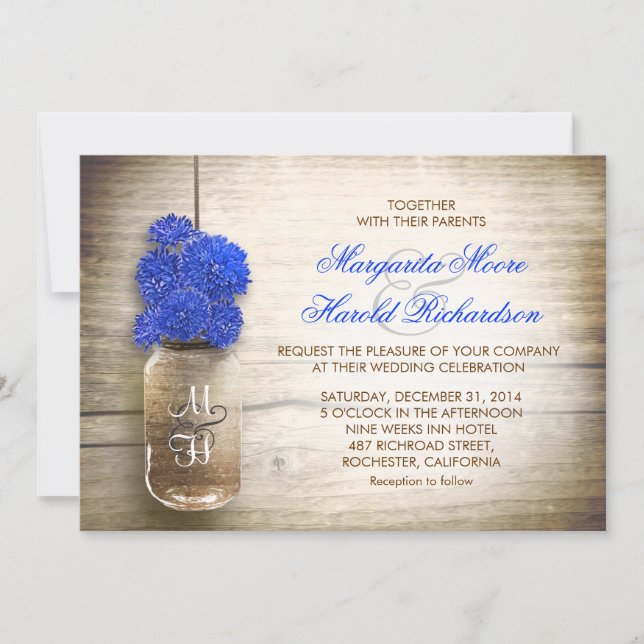 Invitaciones a bodas de jarras de flores azules re (Anverso)