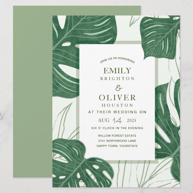 Invitaciones a bodas de la hoja tropical de Monste (Anverso / Reverso)