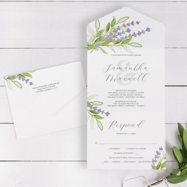 Invitaciones a bodas de lavanda con RSVP (Wedding invitations with RSVP cards feature watercolor lavender art by Victoria Grigaliunas)