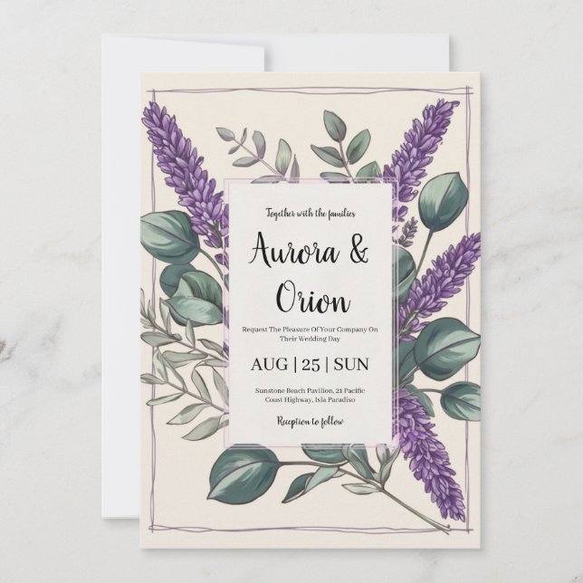 invitaciones a bodas de lavanda violeta y eucalipt (Anverso)