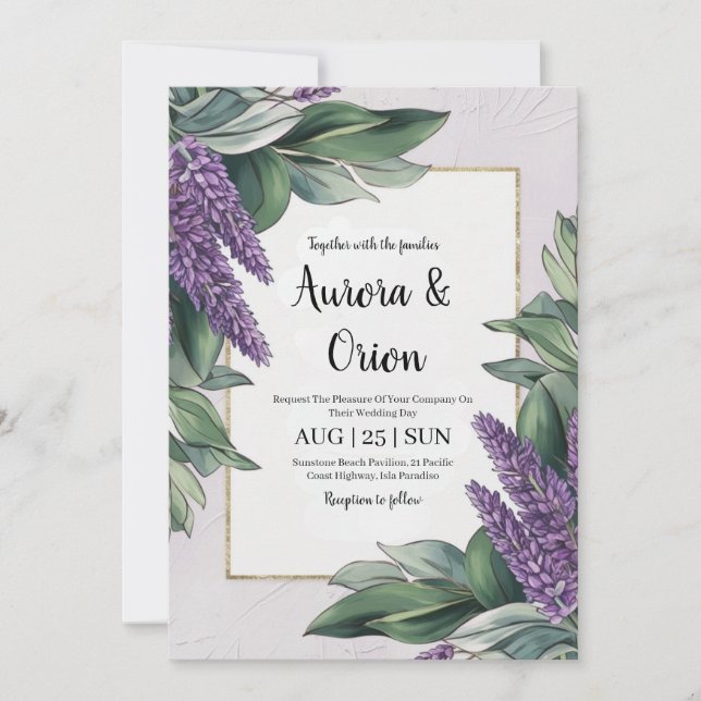 invitaciones a bodas de lavanda violeta y eucalipt (Anverso)