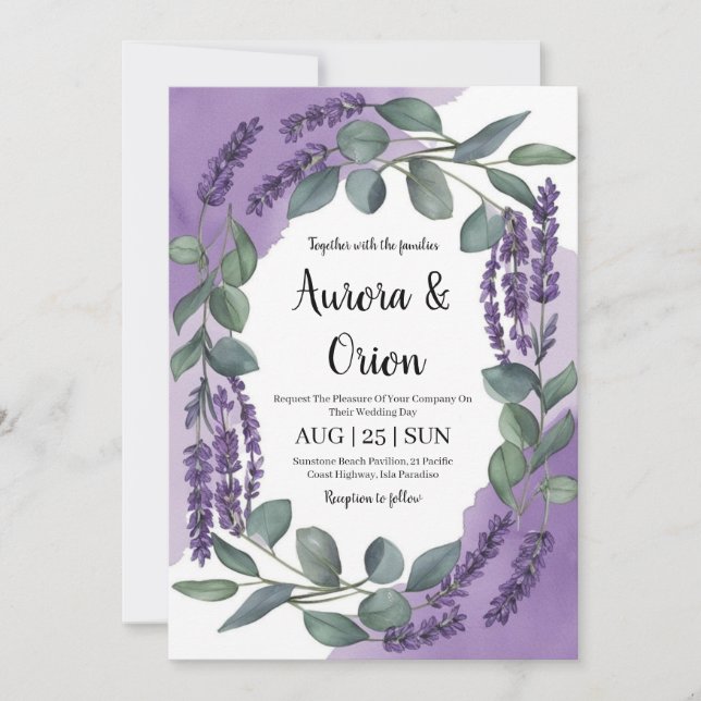 invitaciones a bodas de lavanda violeta y eucalipt (Anverso)