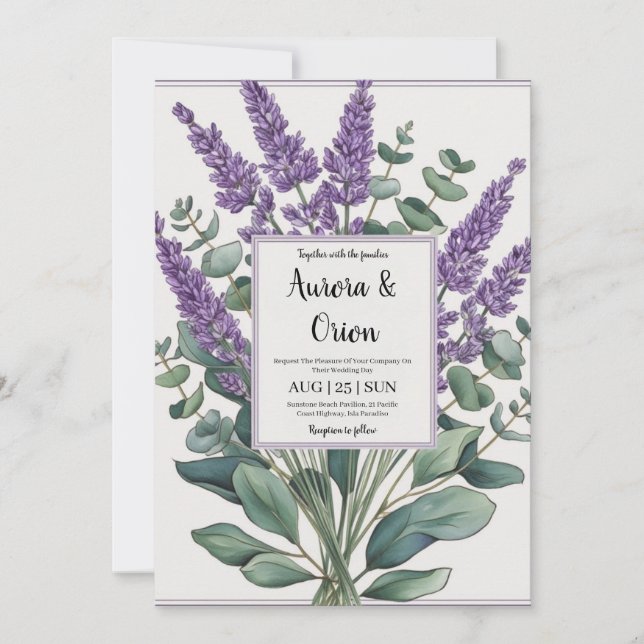 invitaciones a bodas de lavanda violeta y eucalipt (Anverso)