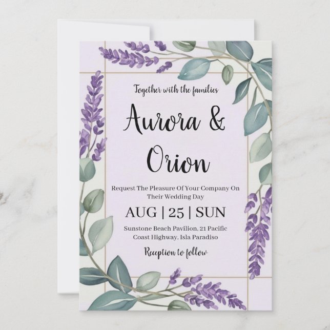 invitaciones a bodas de lavanda violeta y eucalipt (Anverso)