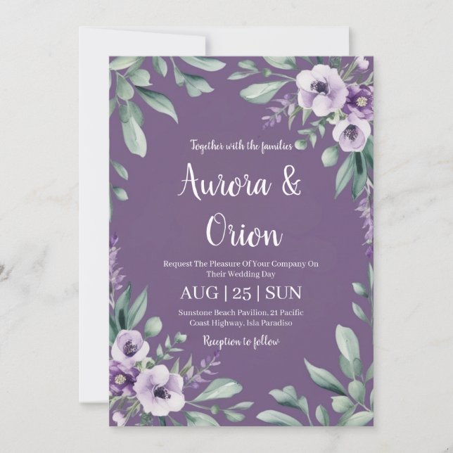 invitaciones a bodas de lavanda violeta y eucalipt (Anverso)
