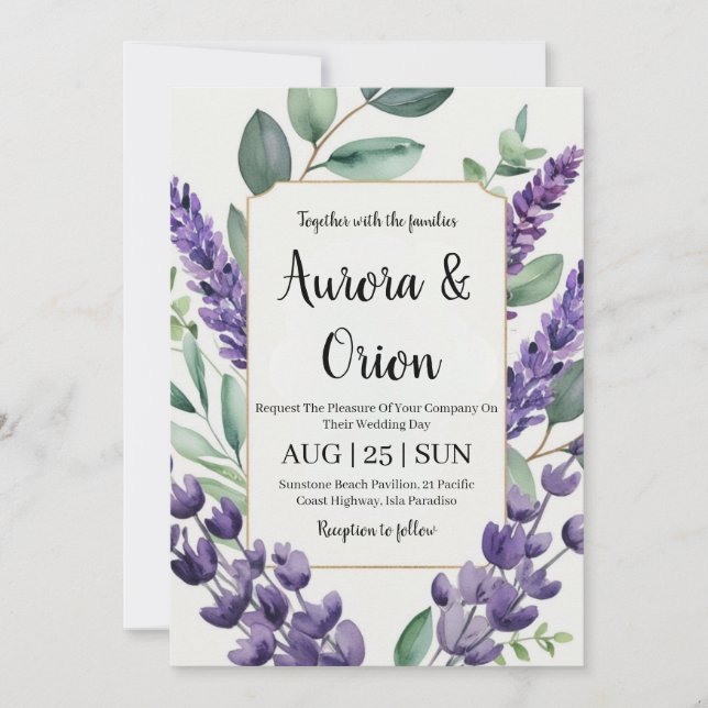 invitaciones a bodas de lavanda violeta y eucalipt (Anverso)