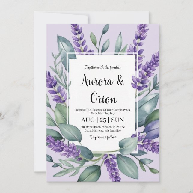 invitaciones a bodas de lavanda violeta y eucalipt (Anverso)