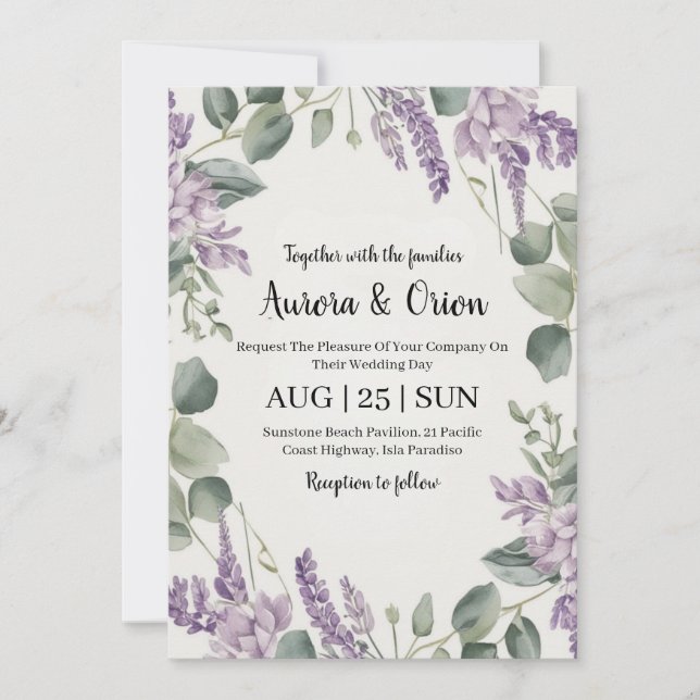 invitaciones a bodas de lavanda violeta y eucalipt (Anverso)