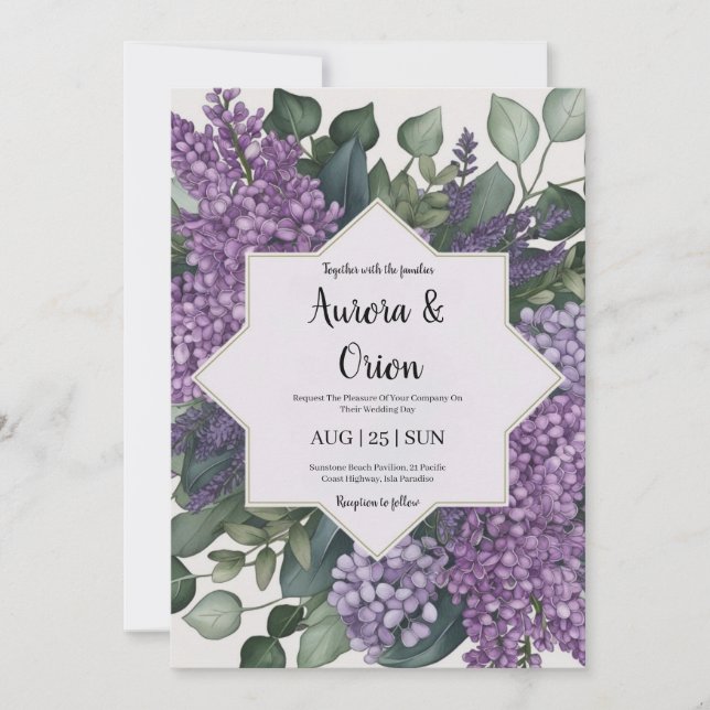 invitaciones a bodas de lavanda violeta y eucalipt (Anverso)