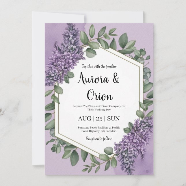 invitaciones a bodas de lavanda violeta y eucalipt (Anverso)
