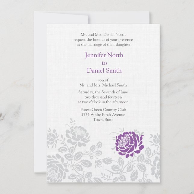 Invitaciones a bodas de lavanda y damasco gris (Anverso)