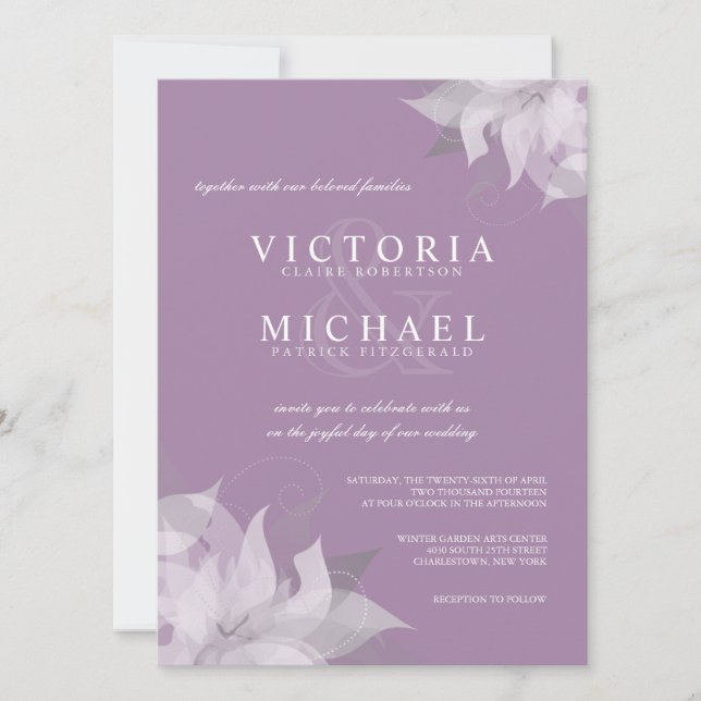 Invitaciones a bodas de lavanda y floridas blancas (Anverso)