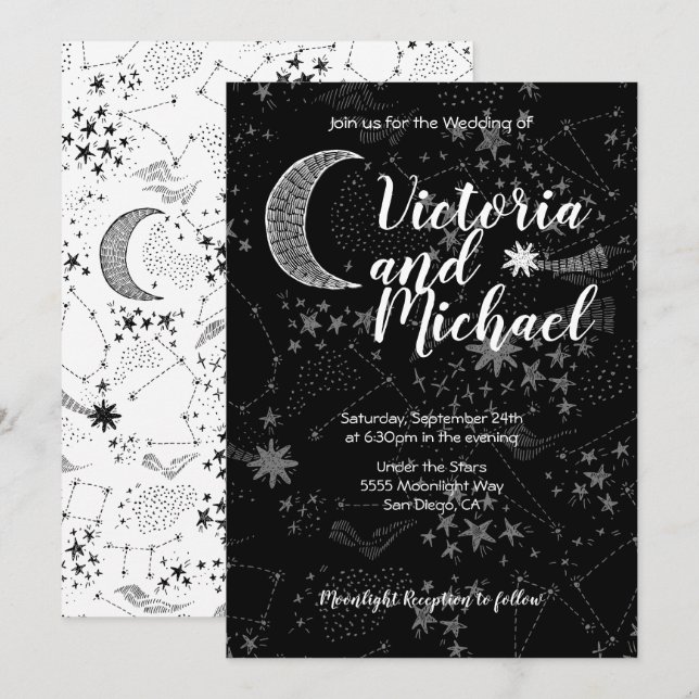 Invitaciones a bodas de luna de luna de cuello cel (Anverso / Reverso)