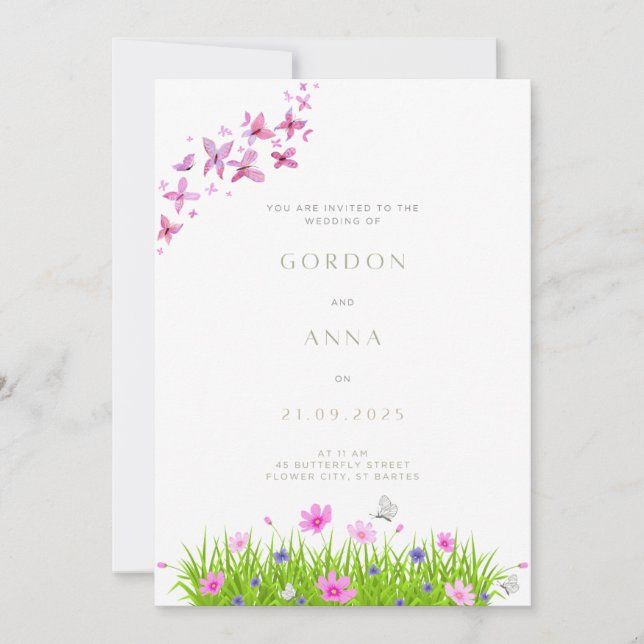 Invitaciones a Bodas de mariposas y flores (Anverso)
