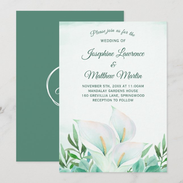 Invitaciones a bodas de monograma de Calla blanca  (Anverso / Reverso)