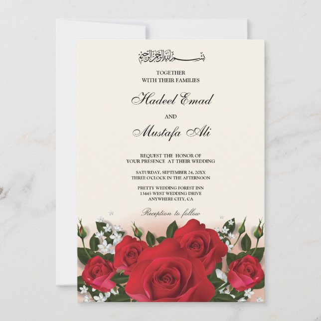 invitaciones a bodas de musulmanes florales rojos (Anverso)