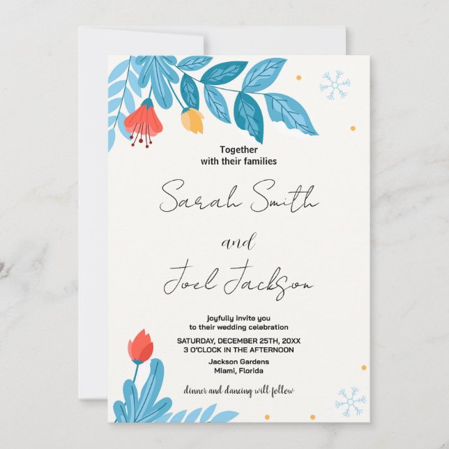 Invitaciones a bodas de nieve con flores naranja (Anverso)