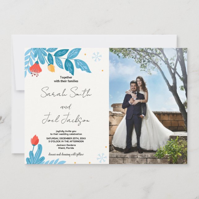 Invitaciones a bodas de nieve con flores naranja c (Anverso)