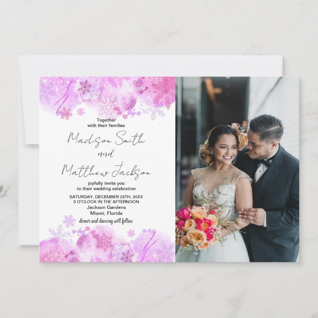 Invitaciones a bodas de nieve rosa con foto (Anverso)