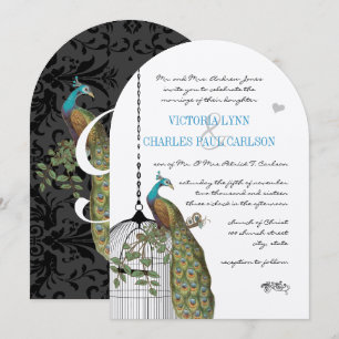 Invitaciones a bodas de pavo real en jaula de aves