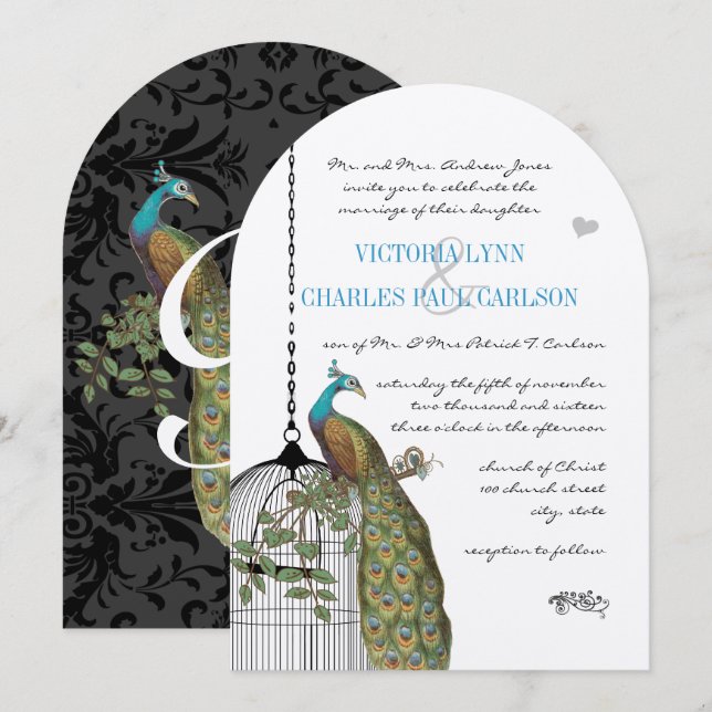 Invitaciones a bodas de pavo real en jaula de aves (Anverso / Reverso)