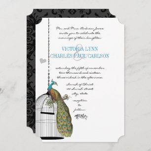 Invitaciones a bodas de pavo real en jaula de aves