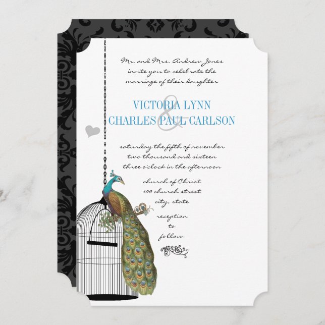 Invitaciones a bodas de pavo real en jaula de aves (Anverso / Reverso)
