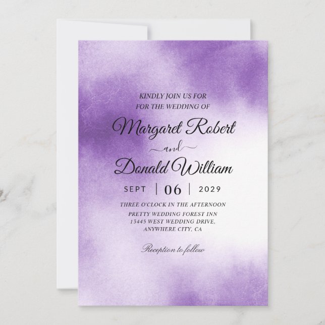 invitaciones a bodas de pincel morado acuarela (Anverso)