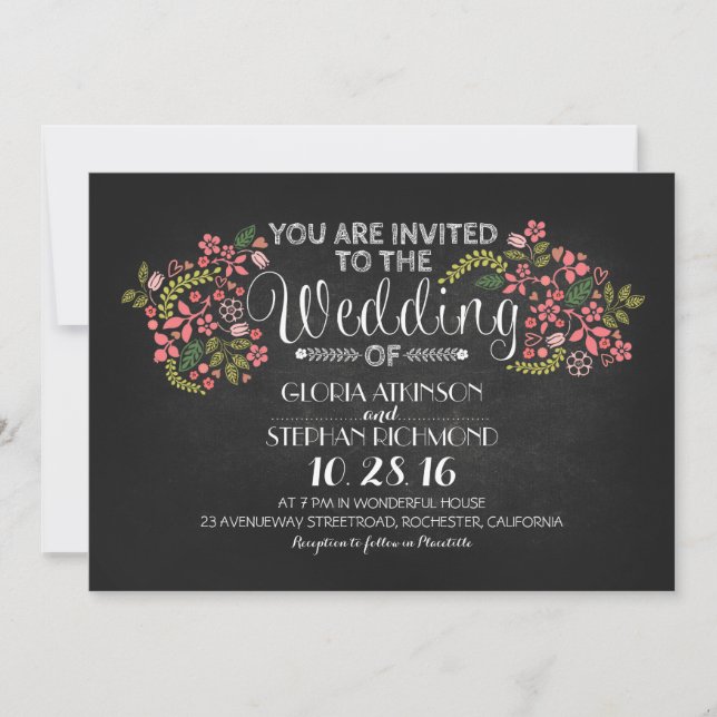 invitaciones a bodas de pizarra floral y rústica (Anverso)