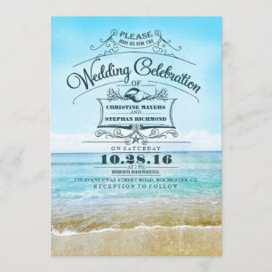 Invitaciones a bodas de playa retro azul oscuro a