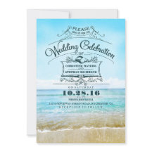 Invitaciones a bodas de playa retro azul sombrío a
