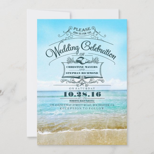 Invitaciones a bodas de playa retro azul sombrío a (Anverso)