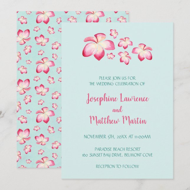 Invitaciones a bodas de plumeria tropical (Anverso / Reverso)