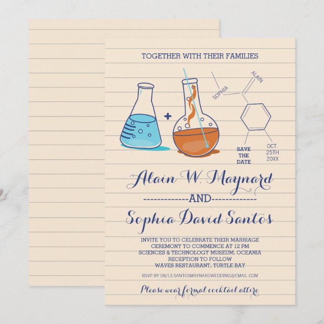 Invitaciones a bodas de química azul y Naranja (Anverso / Reverso)