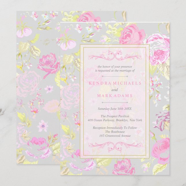 Invitaciones a bodas de Shabby Chic, Rosa y Gris (Anverso / Reverso)