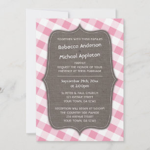 Invitaciones a bodas de tela de Gingham rosa y bla