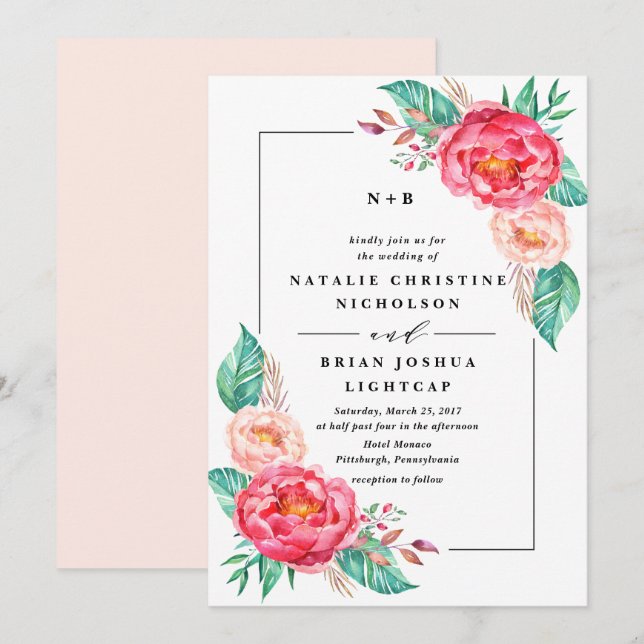 Invitaciones a bodas de verano con flores tropical (Anverso / Reverso)