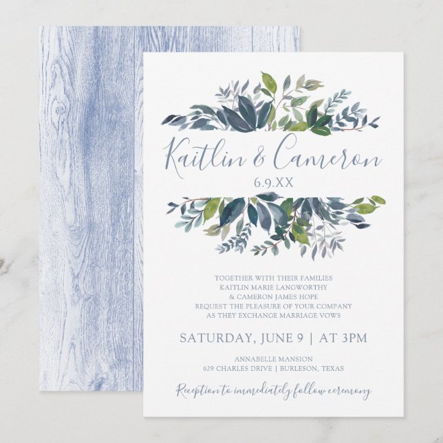 Invitaciones a bodas de verde - Azul y verde turbi (Anverso / Reverso)