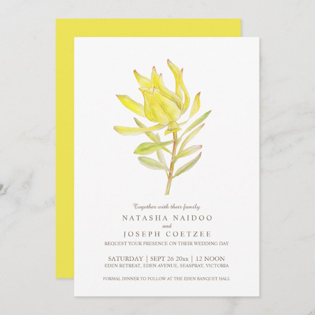 Invitaciones a bodas en acuarela de leucadendron a (Anverso / Reverso)