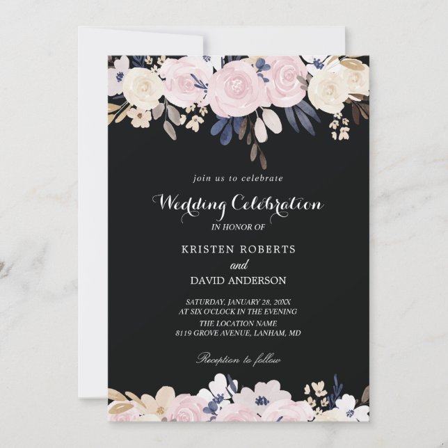 invitaciones a bodas en blanco y negro rosa floral (Anverso)