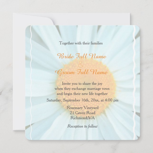 Invitaciones a bodas en flor de margarita blanca. (Anverso)