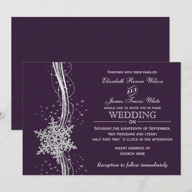 invitaciones a bodas en invierno color púrpura pla (Anverso / Reverso)