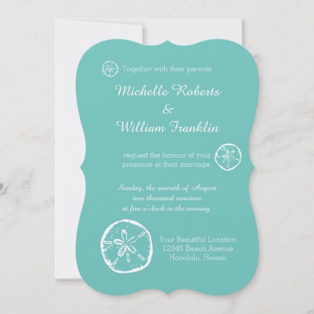 Invitaciones a bodas en la playa de arena turquesa (Anverso)