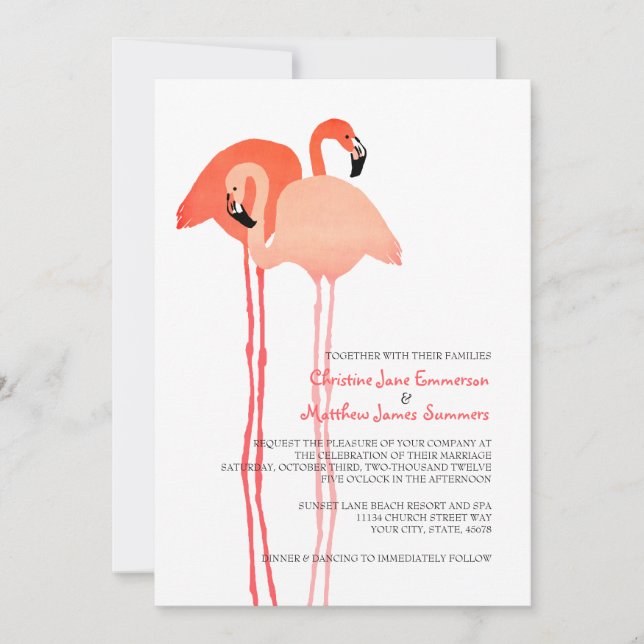 Invitaciones a bodas en la playa de Flamingos rosa (Anverso)