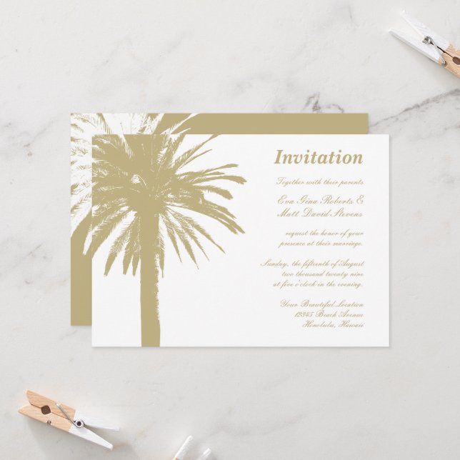 Invitaciones a bodas en la playa de palmeras beige (Anverso/Reverso In Situ)