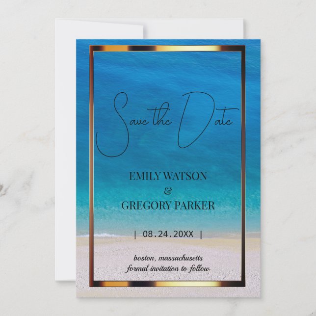 Invitaciones a bodas en la playa del océano azul v (Anverso)
