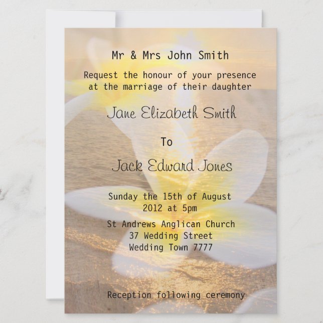 Invitaciones a bodas en la playa tropical Frangipa (Anverso)